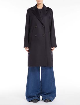 Cappotto doppiopetto al ginocchio blu in doppio drap di pura lana