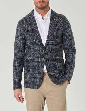 Giacca blu in maglia di cotone e lana a motivo Principe di Galles bianco