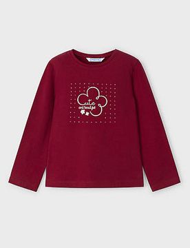 T-shirt in cotone stretch rossa a maniche lunghe con stampa fiore