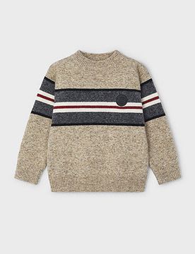 Maglia in misto lana beige con righe grigie bianche e rosse