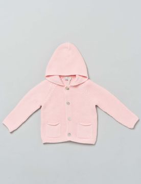 Cardigan tricot rosa in puro cotone con cappuccio