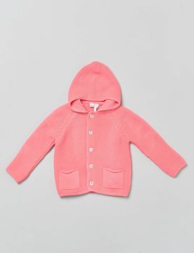 Cardigan tricot fucsia in puro cotone con cappuccio