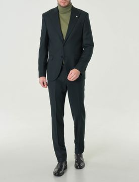 Abito monopetto verde scuro slim-fit in tela di lana stretch micro quadretto con rever a lancia