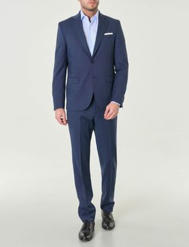Abito monopetto blu indaco slim-fit in tessuto punto spillo di misto lana stretch