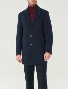 Cappotto monopetto blu in tessuto diagonale