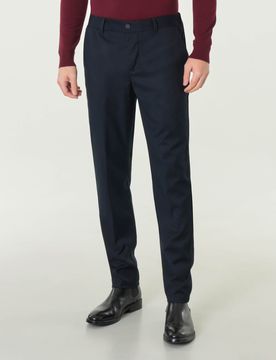 Pantaloni chino blu in tessuto effetto sallia di misto viscosa con elastico inserito nel retro