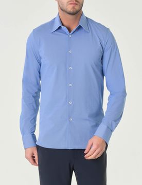 Camicia celeste slim-fit in tessuto Oxford tecnico con micro-fantasia a quadretti