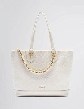 Shopping bag bianca in similpelle con motivo logo a rilievo all over embossed e catena decorativa intarsiata