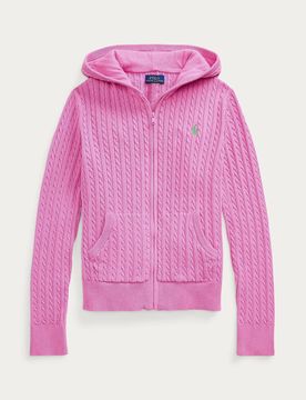 Maglia fucsia Polo in cotone lavorata a trecce con zip e cappuccio