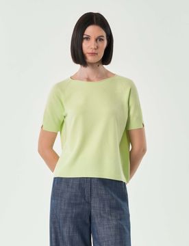 Maglia color lime in misto viscosa a maniche corte con spacchetto sul fondo posteriore
