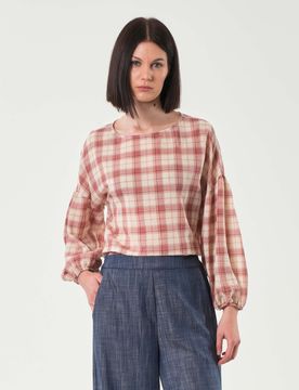 Blusa avorio e rosa a fantasia tartan in cotone stretch con maniche a sbuffo