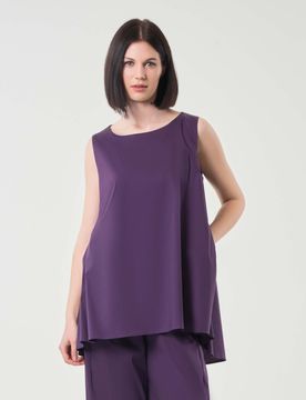 Blusa viola senza maniche dalla linea ampia al fondo in popeline di cotone stretch