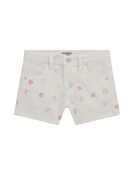 Short bianco in denim di puro cotone con ricami lettering colorati all-over