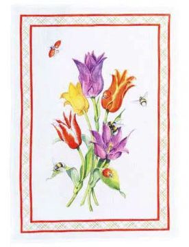 Canovaccio Tulli in lino bianco con stampa tulipani e contorno rosso
