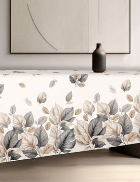 Tovaglia rettangolare per 4 persone in cotone a fantasia foglie grigia e beige