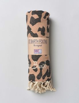Telo mare in cotone a fantasia jacquard leopardata con frange al fondo e scritta logo ricamata