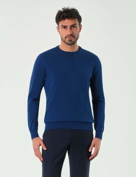 Maglioncino Pellizzari blu royal girocollo in crêpe di puro cotone