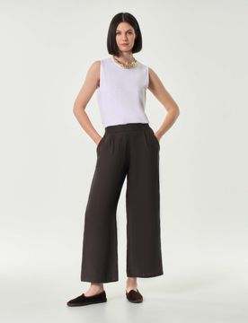 Pantaloni palazzo cropped marroni in puro lino con elastico in vita