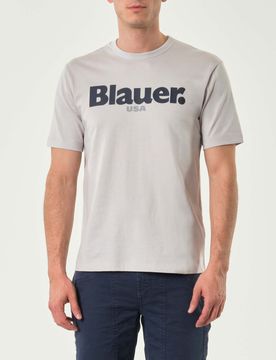 T-shirt ghiaccio mezza manica con maxi logo sul petto in contrasto