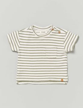 T-shirt mezza manica a righe avorio e verdi militare con taschino