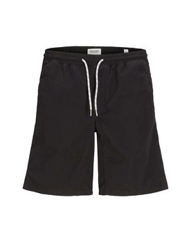 Bermuda Jaiden nero regular-fit in tessuto fiammato di puro cotone con coulisse ed elastico inserito