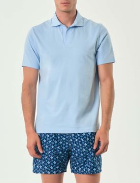 Polo azzurra in jersey di puro cotone con colletto bowling