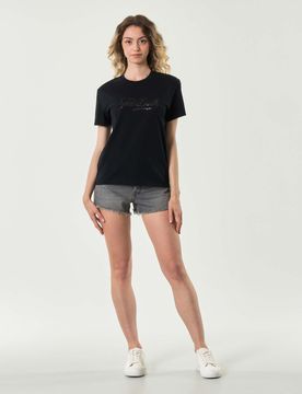 T-shirt nera in cotone con scritta logo in strass tono su tono