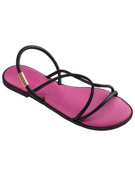 Sandali Una Manga neri con cinturini cilindrici, suola fucsia e placchetta logo in metallo dorato