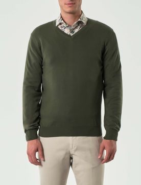 Maglia Pellizzari verde militare scollo a V in puro cotone made in Italy