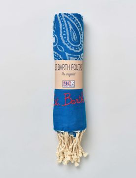 Telo mare celeste in cotone a fantasia bandana con frange al fondo e scritta logo ricamata