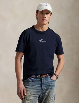 T-shirt Polo blu classic-fit mezza manica con logo scritta ricamato davanti