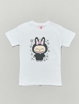 T-shirt bianca in cotone con stampa Labubu teschietti