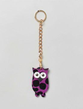 Portachiavi gufetto in pelle e cavallino a pois fucsia con catena e anello dorati