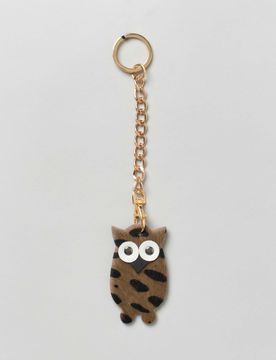 Portachiavi gufetto in pelle e cavallino a pois color taupe con catena e anello dorati