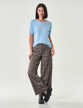 Pantaloni palazzo in misto viscosa a fantasia scozzese marrone e azzurra