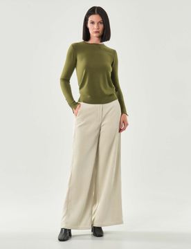 Pantaloni avorio dalla linea a palazzo in velluto a coste con elastico in vita