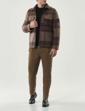Giacca in misto lana accoppiata a fantasia check noce e arancio con chiusura zip