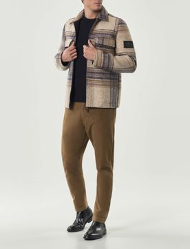 Giacca in misto lana accoppiata a fantasia check beige noce e blu con chiusura zip