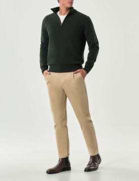 Maglione verde bosco mouliné in lana sulla finezza 7 con apertura a mezza zip