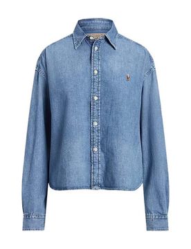 Camicia cropped in denim in cotone Polo con logo ricamato sul petto a contrasto