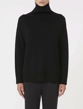 Maglia nera MM a collo alto in pura lana vergine con collo a cratere a coste