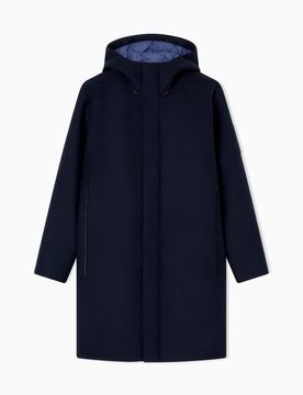 Parka blu in misto lana con cappuccio e imbottitura interna