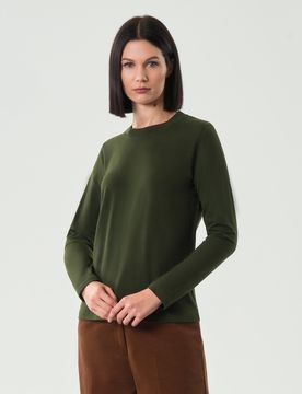 Maglia verde manica lunga in cotone stretch a scollo tondo