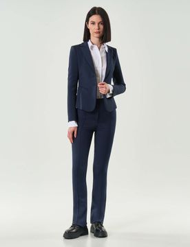 Pantaloni flare blu in cotone bielastico con cuciture in rilievo al centro gamba