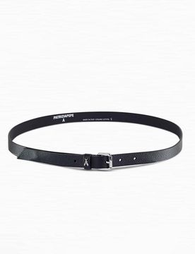 Cintura nera sottile in pelle con fibbia argento con scritta logo impressa e Fly applicata sul davanti