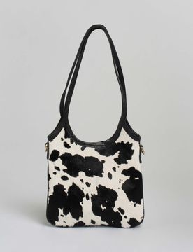 Mini tote bag nera in pelle martellata con parte frontale in cavallino zebrato