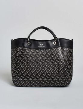 Borsa a mano sagomata in similpelle liscia con logo all over beig e pinces laterai con tracolla spessa in gros grain rimovibile