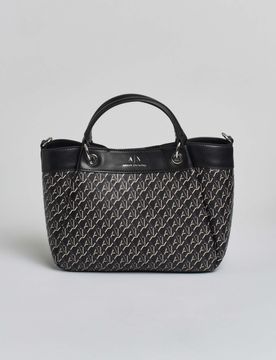 Borsa a mano piccola sagomata in similpelle liscia con logo all over beig e pinces laterai con tracolla spessa in gros grain rimovibile