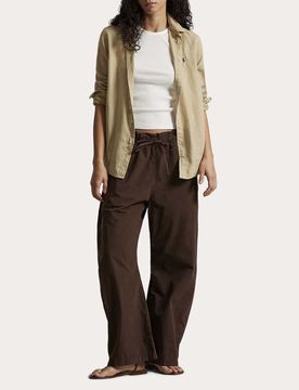 Camicia beige Polo in misto lino e cotone con logo ricamato sul petto a contrasto