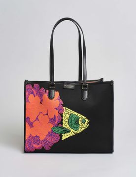 Borsa Atena Etholo grande My Bag nera in tessuto con pesce ricamato